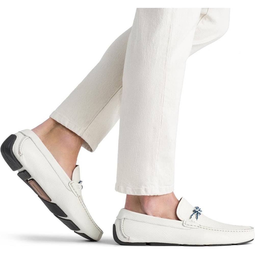 Magnanni Montijo White Slip-On Driving Loafers; braided bit detail at vamp; 11.5